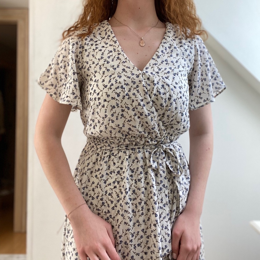 White high low dress with tiny blue flowers